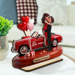 3D Kissing Couple Red Car Valentine's Day - Personalized Wooden Plaque With Flat Base - Anniversary Gift For Couple