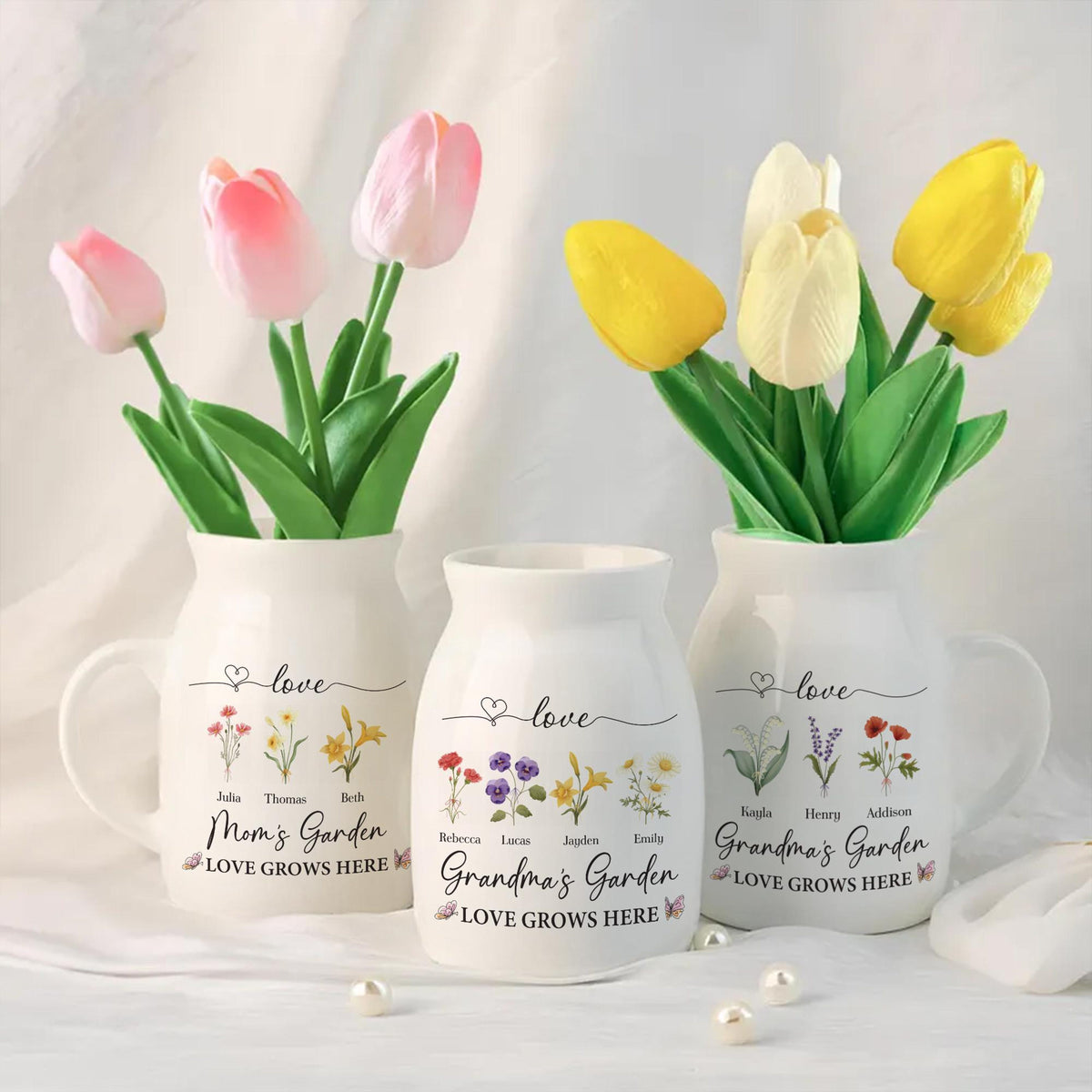 Personalized Grandma's Garden Birth Flower Vase, Custom Name Ceramic Flower Vase, Mothers Day Gift, Anniversary Gift, Floral Home Decor