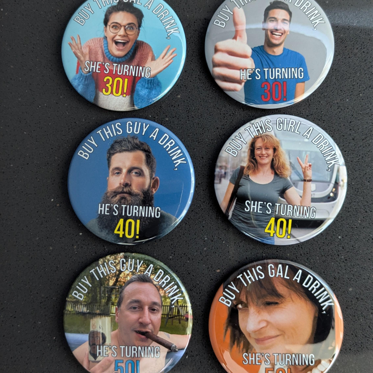 Birthday Buttons Custom Birthday Pin Birthday Pins Birthday Badges Face Pins Face Buttons 50th Birthday 40th Birthday 30th Birthday Buttons