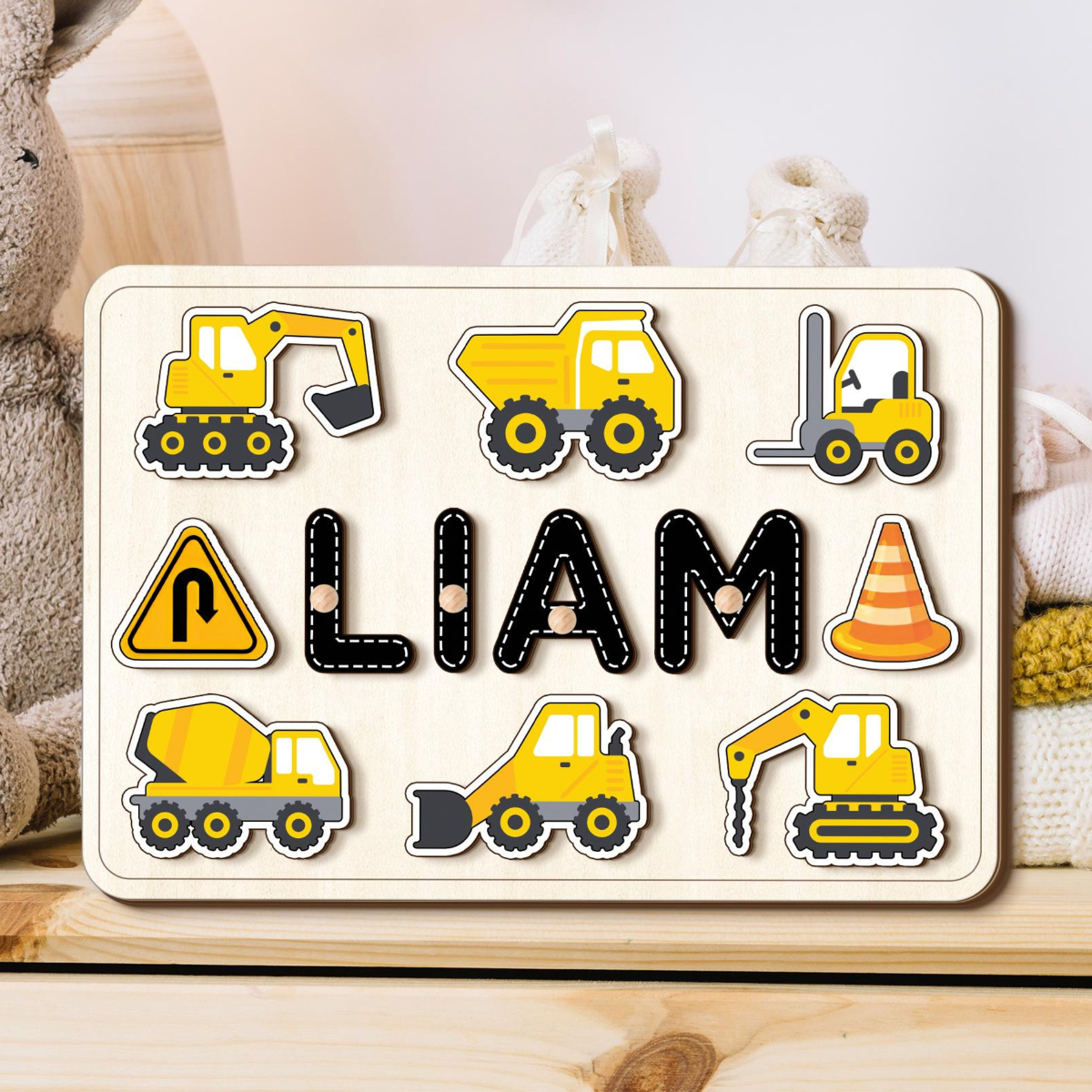 Personalized Construction Wooden Name Puzzle, Dump Truck, Digger Construction Set, Birthday Gifts for Baby Boy, Kids Name Puzzle