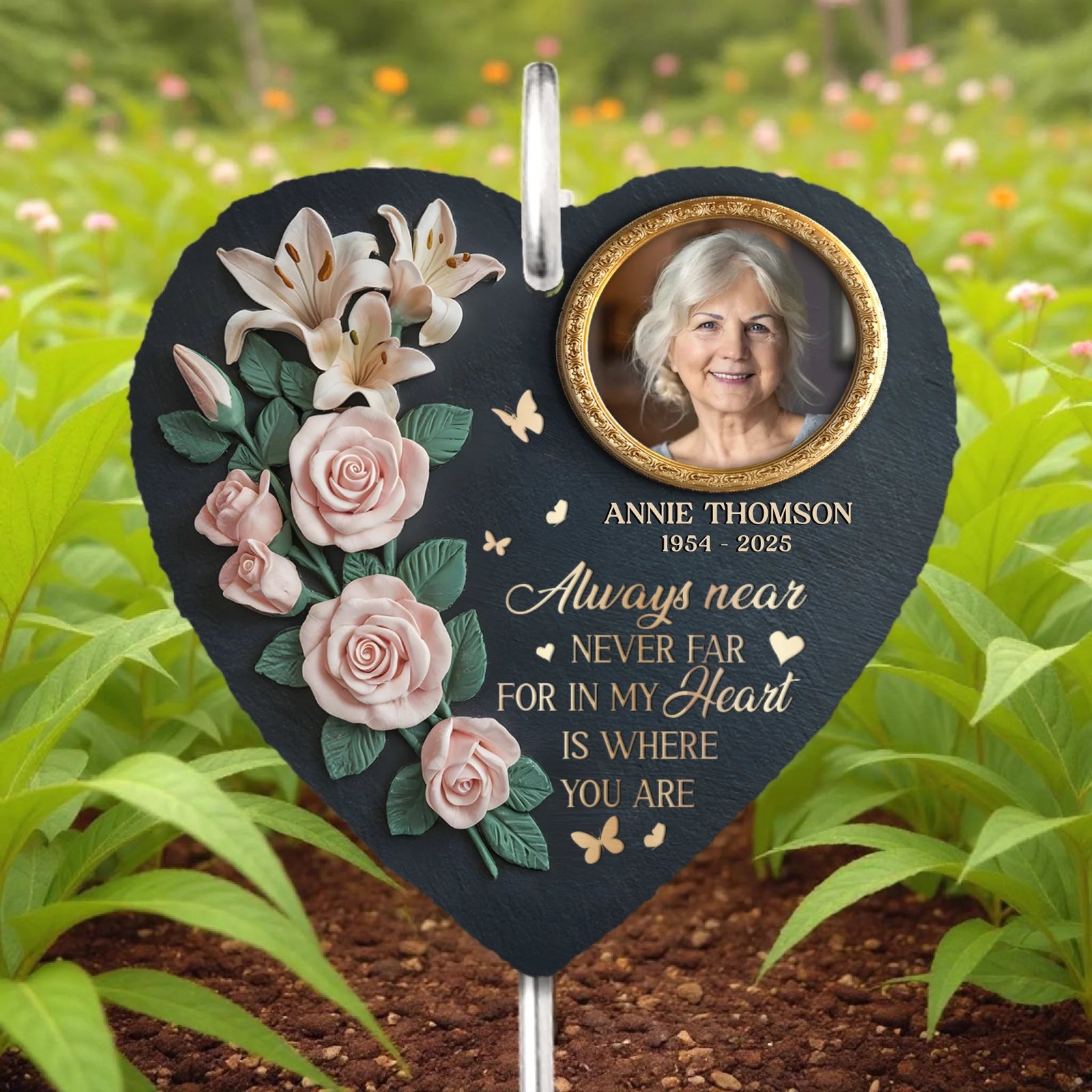 In My Heart Is Where You Are Roses And Lilies - Personalized Slate Plaque - Sympathy Gift For Family Members, Memorial Gift