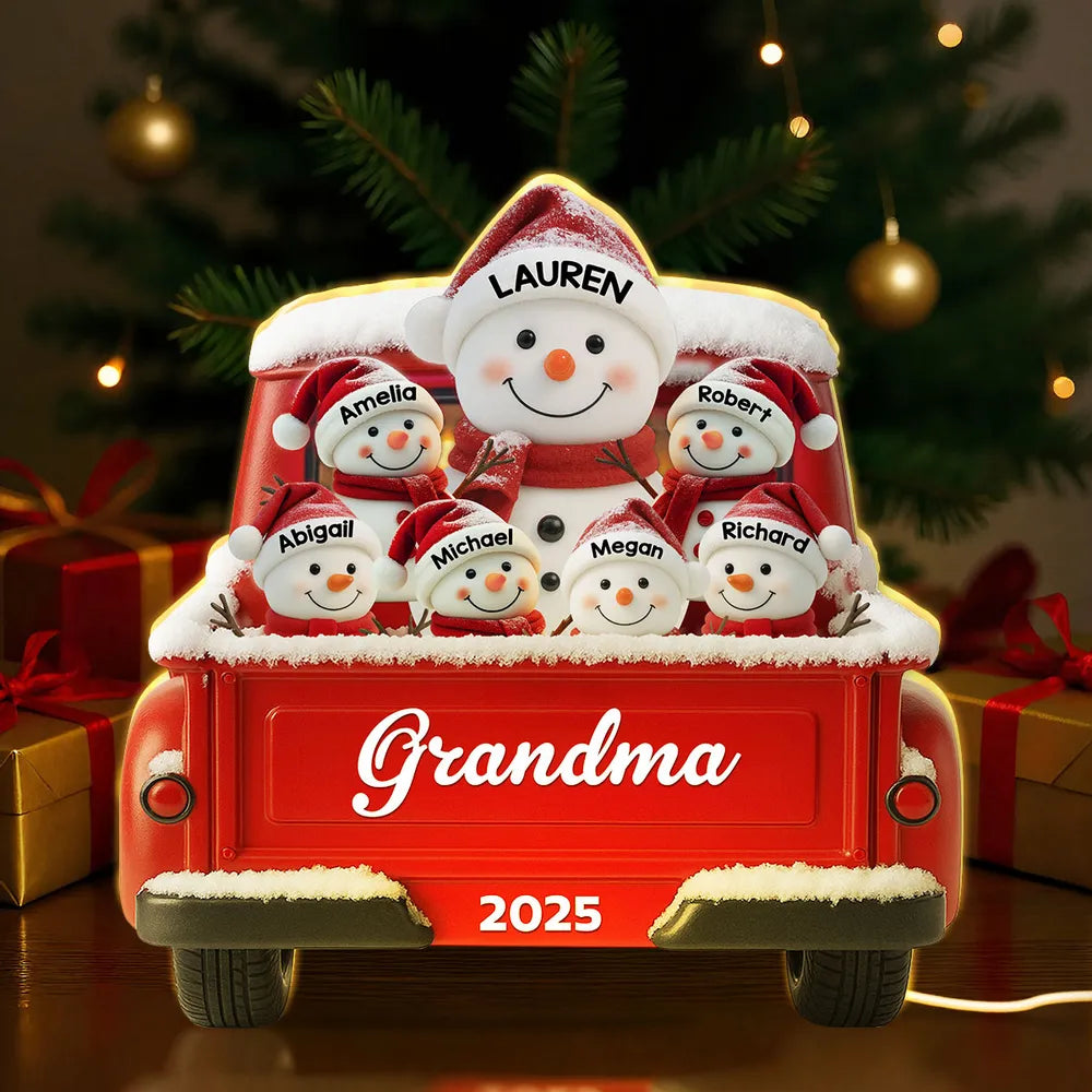 Snowman Grandma & Kids Christmas Red Truck - Personalized Acrylic Light Box - Christmas Gift For Mom, Grandma