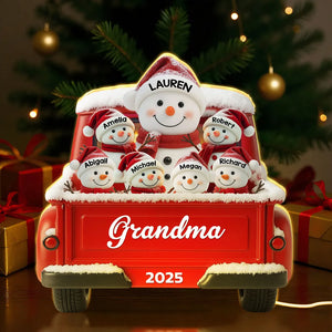 Snowman Grandma & Kids Christmas Red Truck - Personalized Acrylic Light Box - Christmas Gift For Mom, Grandma