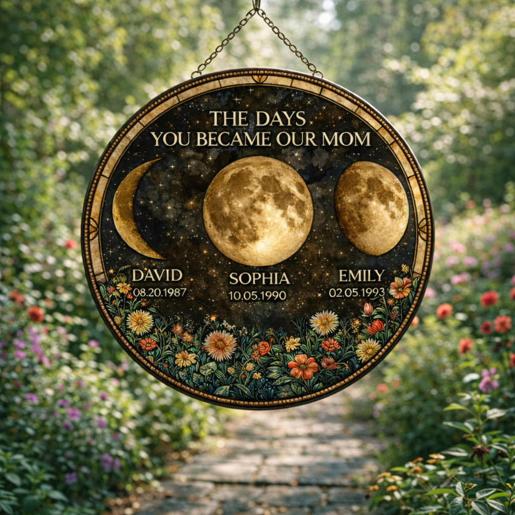 The Day You Became Our Mom Flower Moon Phase - Personalized Suncatcher Stained Glass - Gift For Mom, Mother's Day, Birthday Gift
