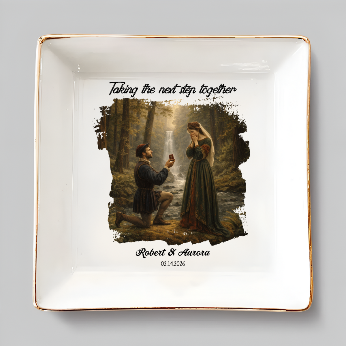 Personalized Proposal Photo Jewelry Dish - Custom Renaissance Painting Illustrated Engagement Keepsake Ring Tray with Names & Engaged Date