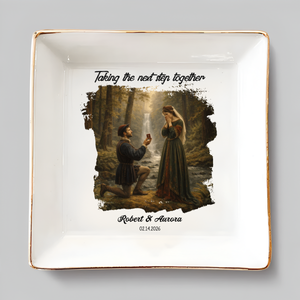 Personalized Proposal Photo Jewelry Dish - Custom Renaissance Painting Illustrated Engagement Keepsake Ring Tray with Names & Engaged Date