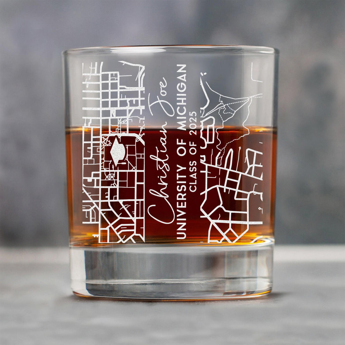 Custom Campus Map Graduation Whiskey Glass - Engraved University Map Graduation Gift on Rock Glass, Class of 2025