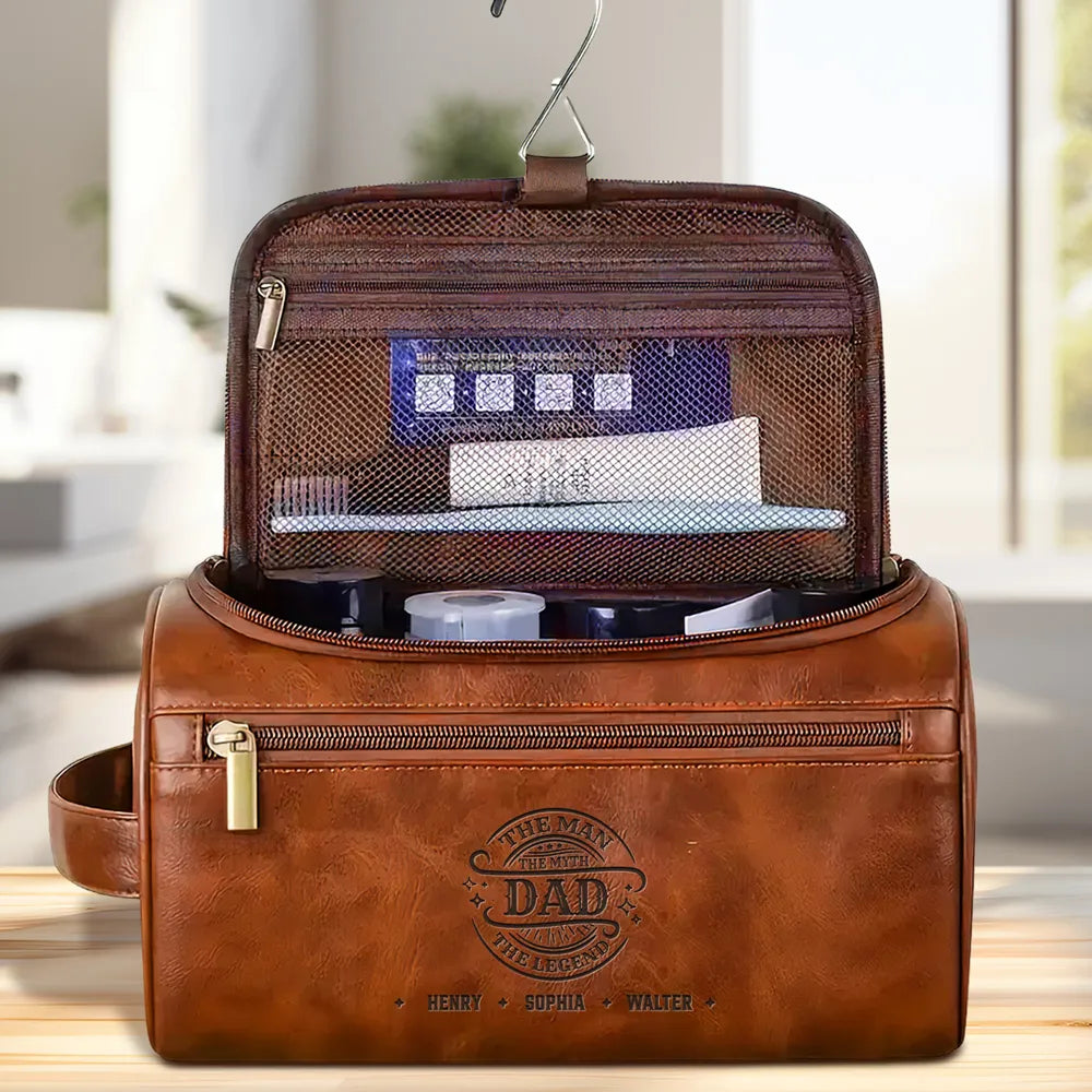 The Man The Myth The Legend - Personalized Leather Toiletry Bag - Gift For Dad, Grandpa, Father's Day Gift