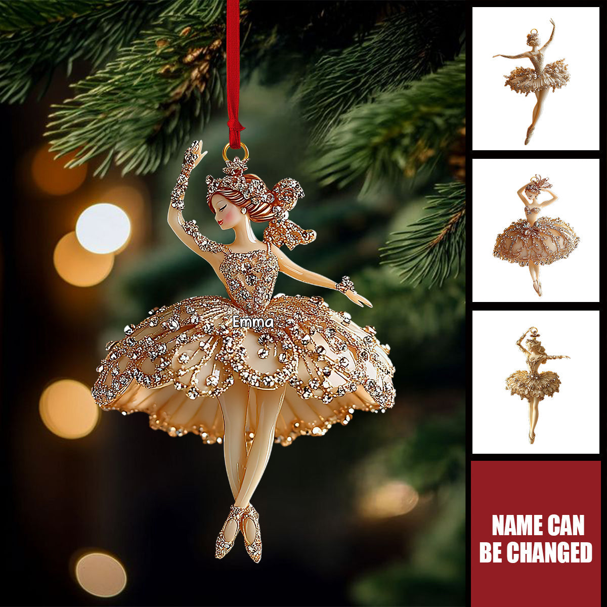 Personalized Elegant Ballerina Ornament With 3D Gold Glitter Effect, Ballet Christmas Tree Decoration, Nutcracker Dancer Gift