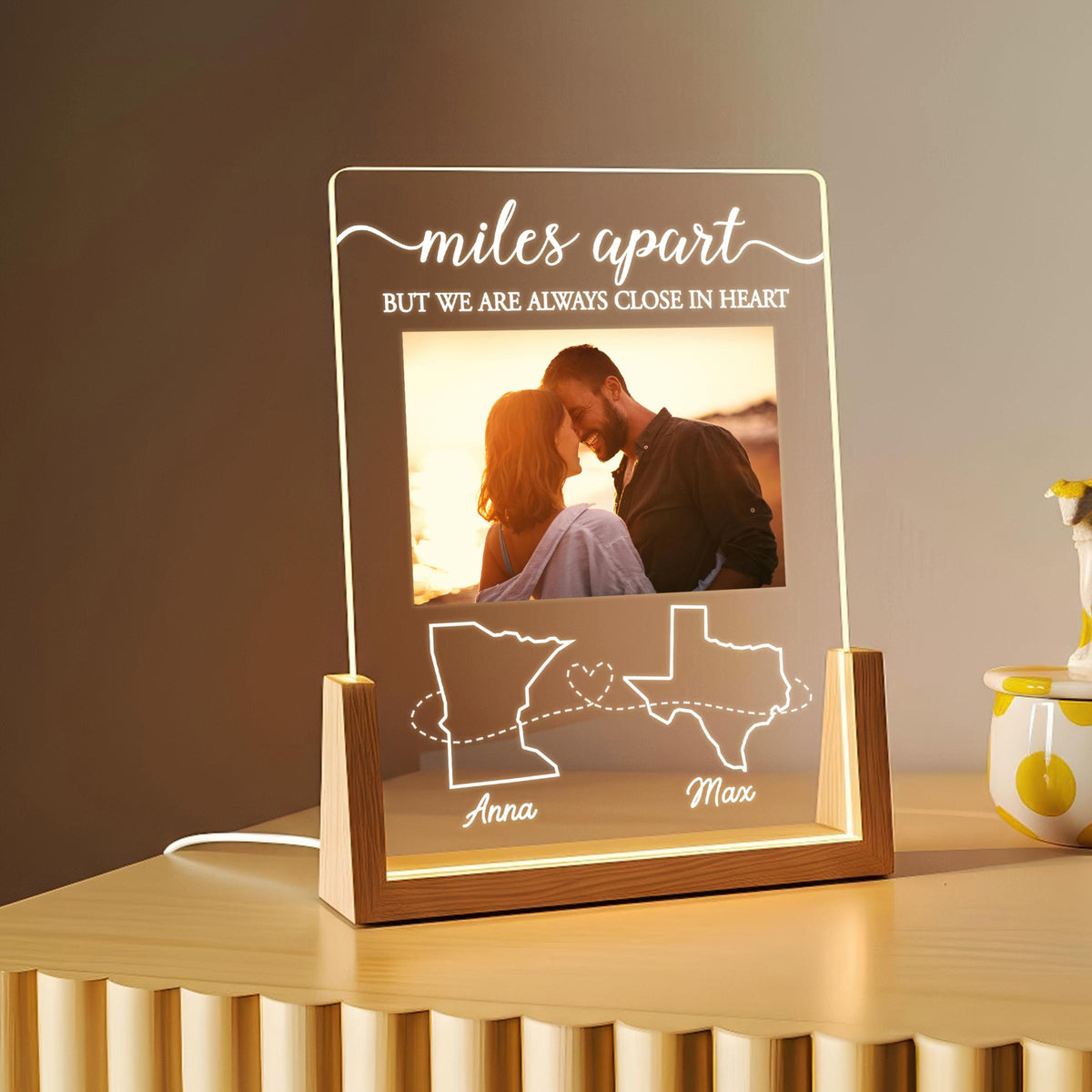 Valentine Long Distance LED Lamp, Personalized Photo Map Couple Gift, Miles Apart But Always At Heart, Gift For Couple