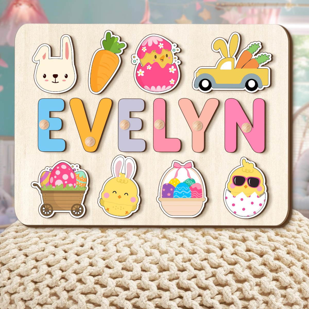 Easter Bunny Name Puzzle For Toddlers, Personalized Name Puzzle For Easter Basket Stuffer, Easter Gifts for Kids, Wooden Toys, Gift for Girl