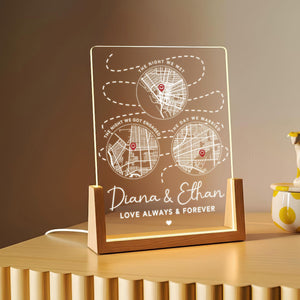 Personalized Love Story Map LED Lamp The Night We Met, Engaged & Married, Custom Valentine s Gift for Couples