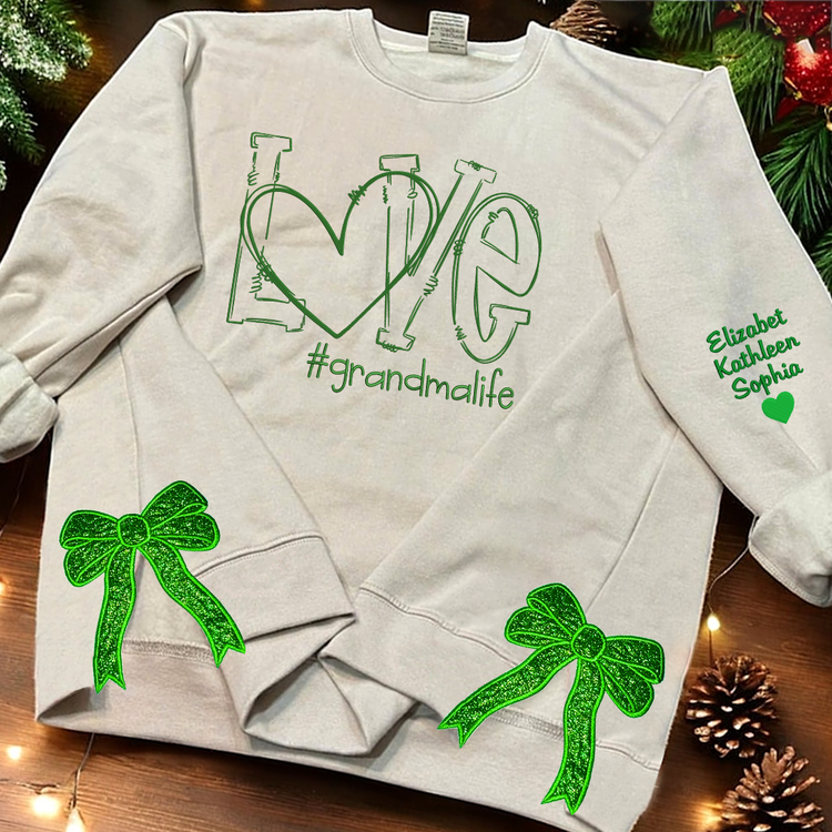 Love Grandma Life Side Bow Cut-Out Sweatshirt With Glitter, Trendy Coquette Bow, Christmas Gifts for Grandma, Nana, Granny