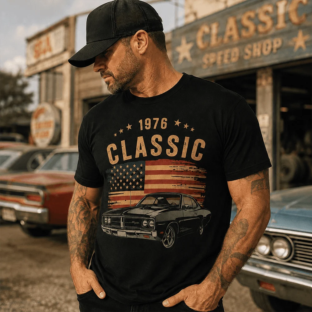Personalized Classic Car Shirt with Custom Photo, Year & Flag – Retro Tee, Sweatshirt or Hoodie for Car Lovers