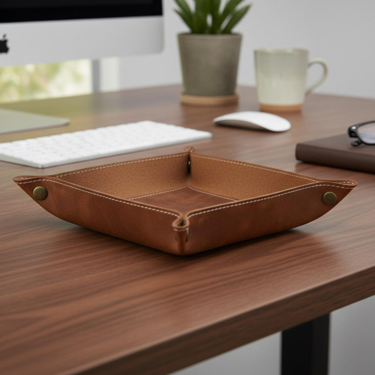 Personalized Leather Valet Tray, Custom Leather Tray For Dad, Grandpa, Classic Gift For Men