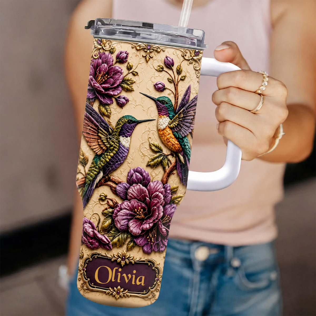 Elegant Hummingbird & Purple Blossom - Personalized 40oz Tumbler