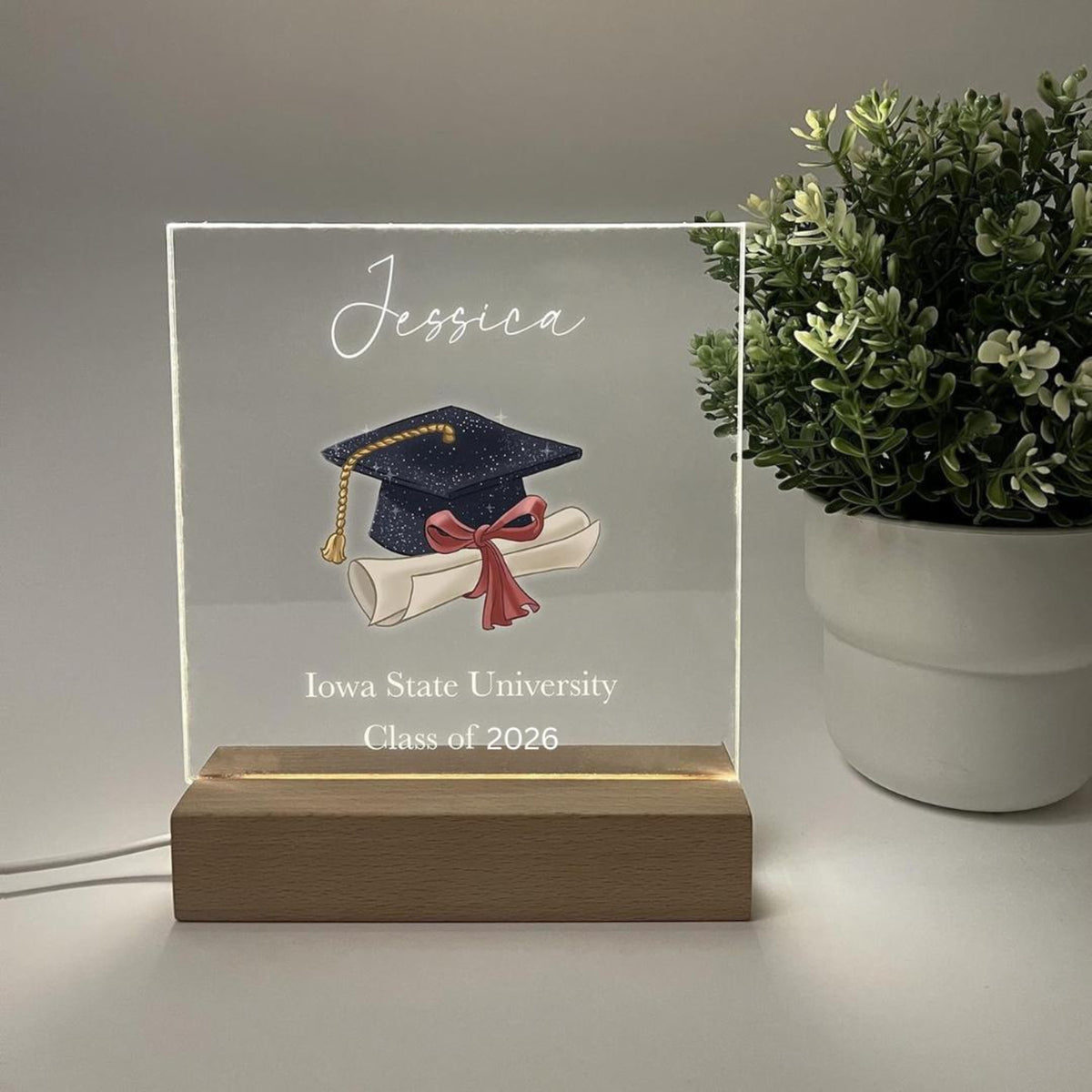 Personalized Light Wood Base LED Desk Stand Custom Graduation Cap Tassel Diploma Degree Grad Class of 2026 High School College Graduate Gift