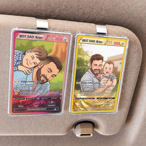 Custom Poke Card Father's Day Car Visor For Dad, Personalized Trading Card Style Car Visor Picture Holder, Dad And Kid Portrait Car Visor Clip