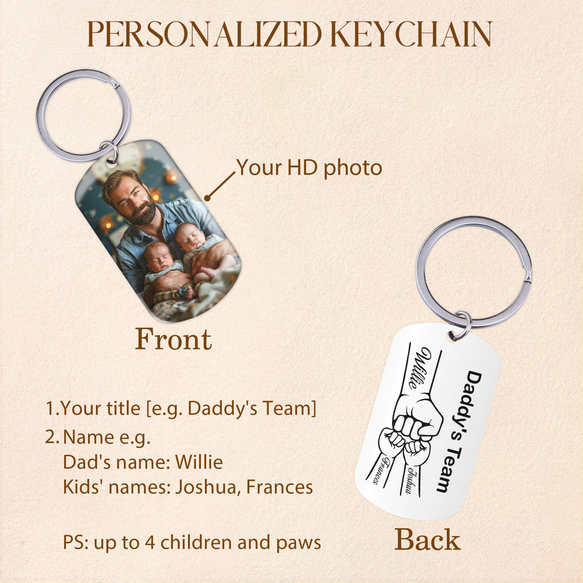 Custom Daddy Keyring, Photo Keychain for Daddy, Dad Fists with Kids Names Keychain, Dad Christmas Gift, Personalized Family Gifts for Dad