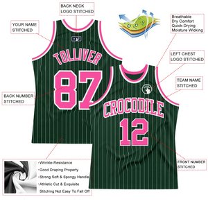 Custom Hunter Green White Pinstripe Pink Authentic Basketball Jersey