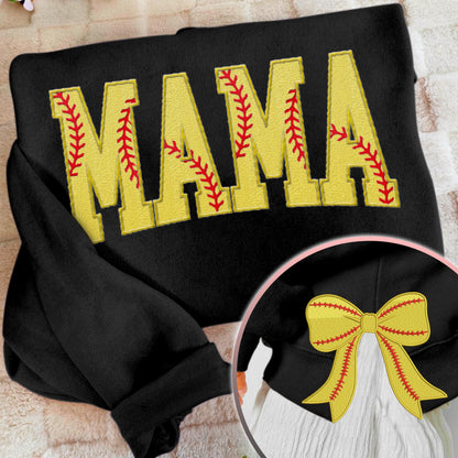 MAMA Softball Coquette Side Bow Sweatshirt, Retro Trendy Coquete Lover Sweater, Bow Applique Pink Girl Gifts