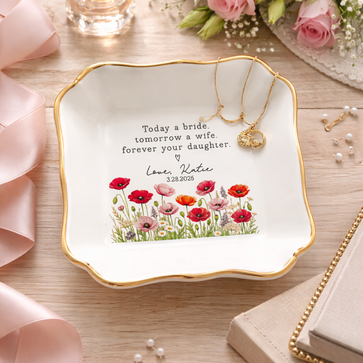 Personalized Mother of The Bride Jewelry Dish, Today a Bride Tomorrow a Wife, Ceramic Trinket Tray Gift for Daughter, Birthday Ring Dish
