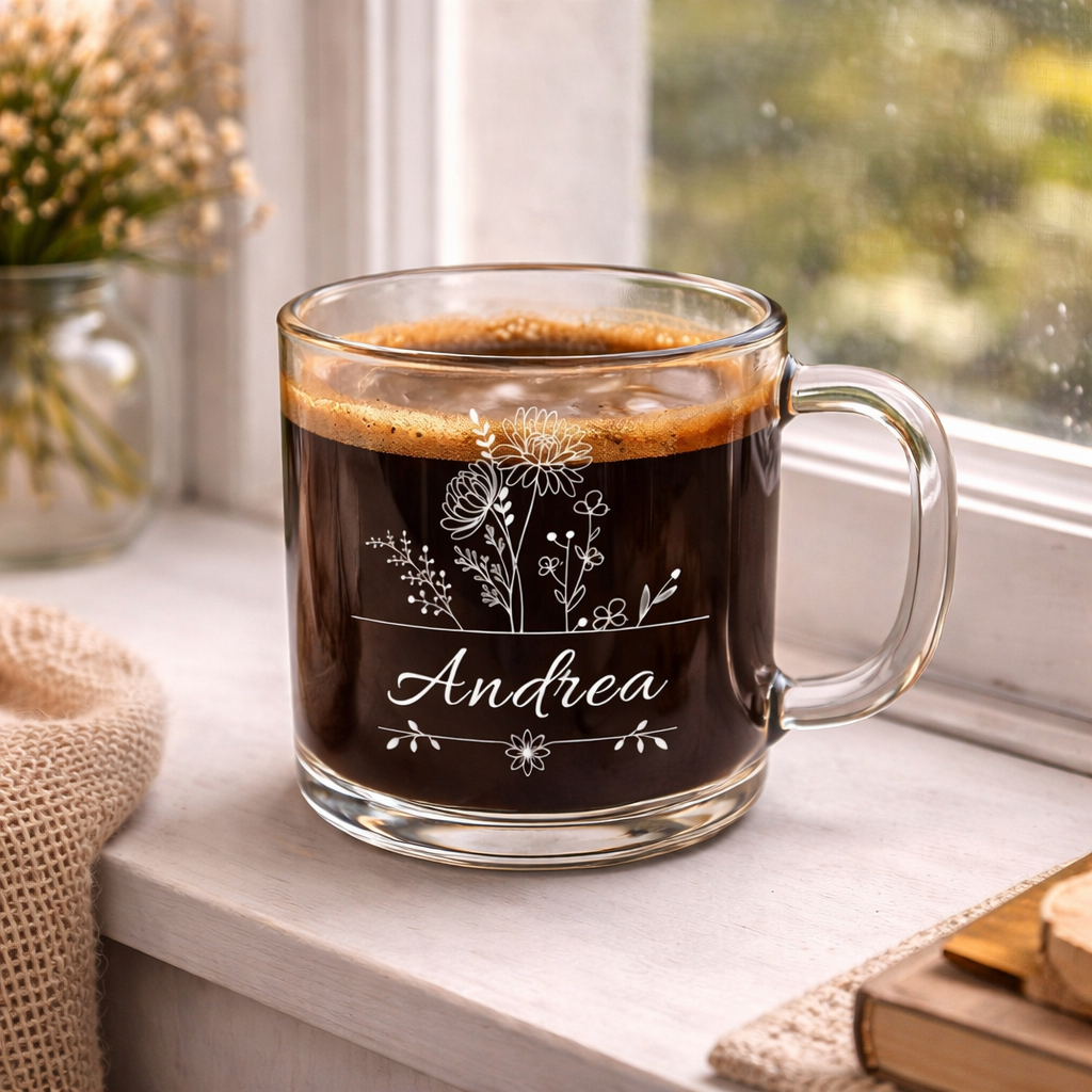 Personalized Birth Flower Mug, Custom Glass Coffee Cup with Name, Birth Month Flower Gift, Birthday Present, Mother Gift,Bridesmaid Proposal