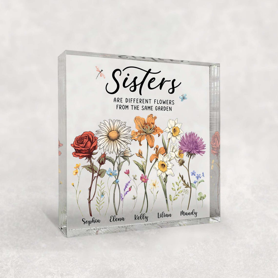 Personalized Sisters Are Different Flowers From The Same Garden, Custom Birth Flower Acrylic Block, Best friend Gifts, Friendship Keepsake