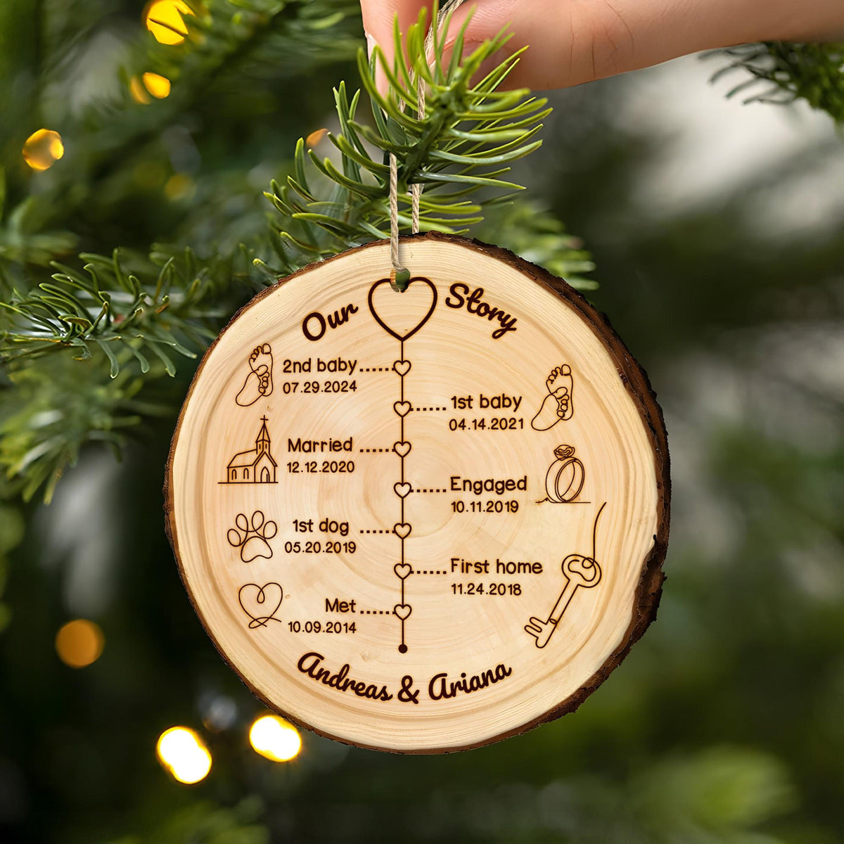 Custom Anniversary Wedding Wood Ornament, Personalized Love Story Timeline Gifts for Him, Anniversary Christmas Ornament Gift for Husband