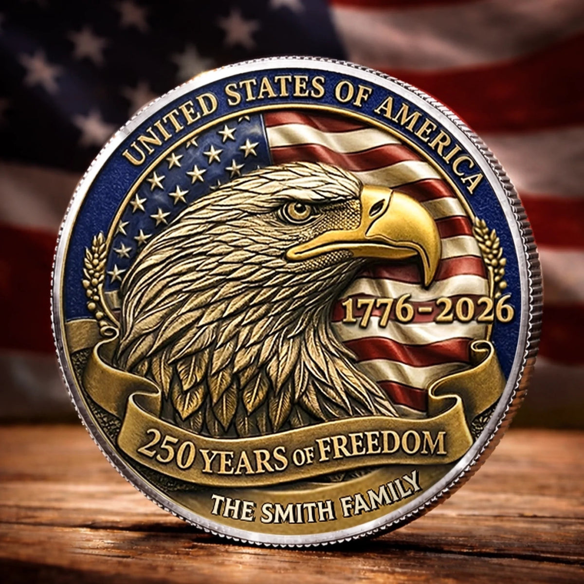 Patriotic Eagle Family Keepsake Metal Coin Personalized 4th of July Commemorative Challenge Coin, 250 Years of Freedom American Family Gift