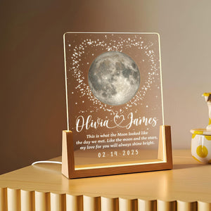 The Moon the Day We Met, Custom Valentine's Gift for Couples, Romantic Anniversary Night Light, Desk Night Light Wooden Base