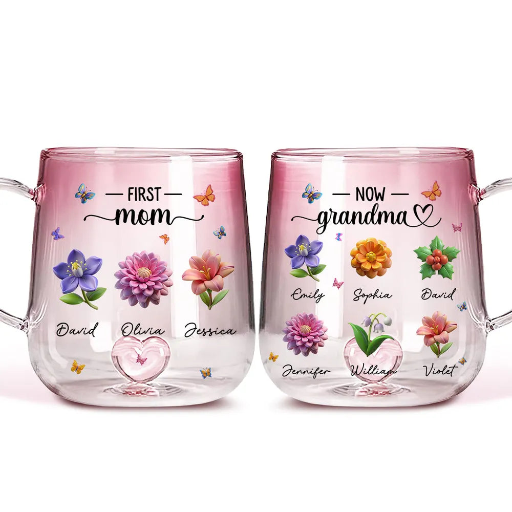 First Mom Now Grandma 3D Birth Month Flower - Personalized Gradient Glass Mug - Gift For Grandma, Mother's Day Gift