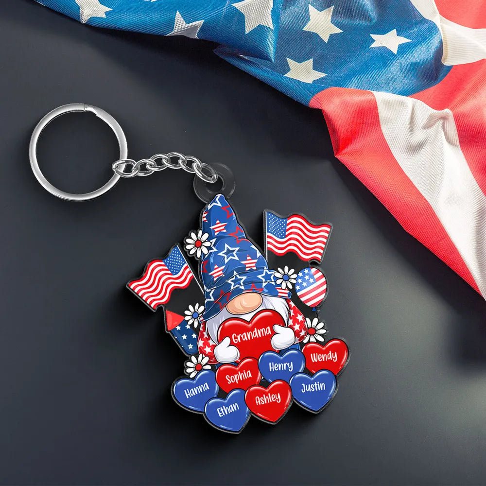 American Gnome Grandma Mom Heart - Personalized Acrylic Keychain - 4th Of July Gift For Mom Grandma