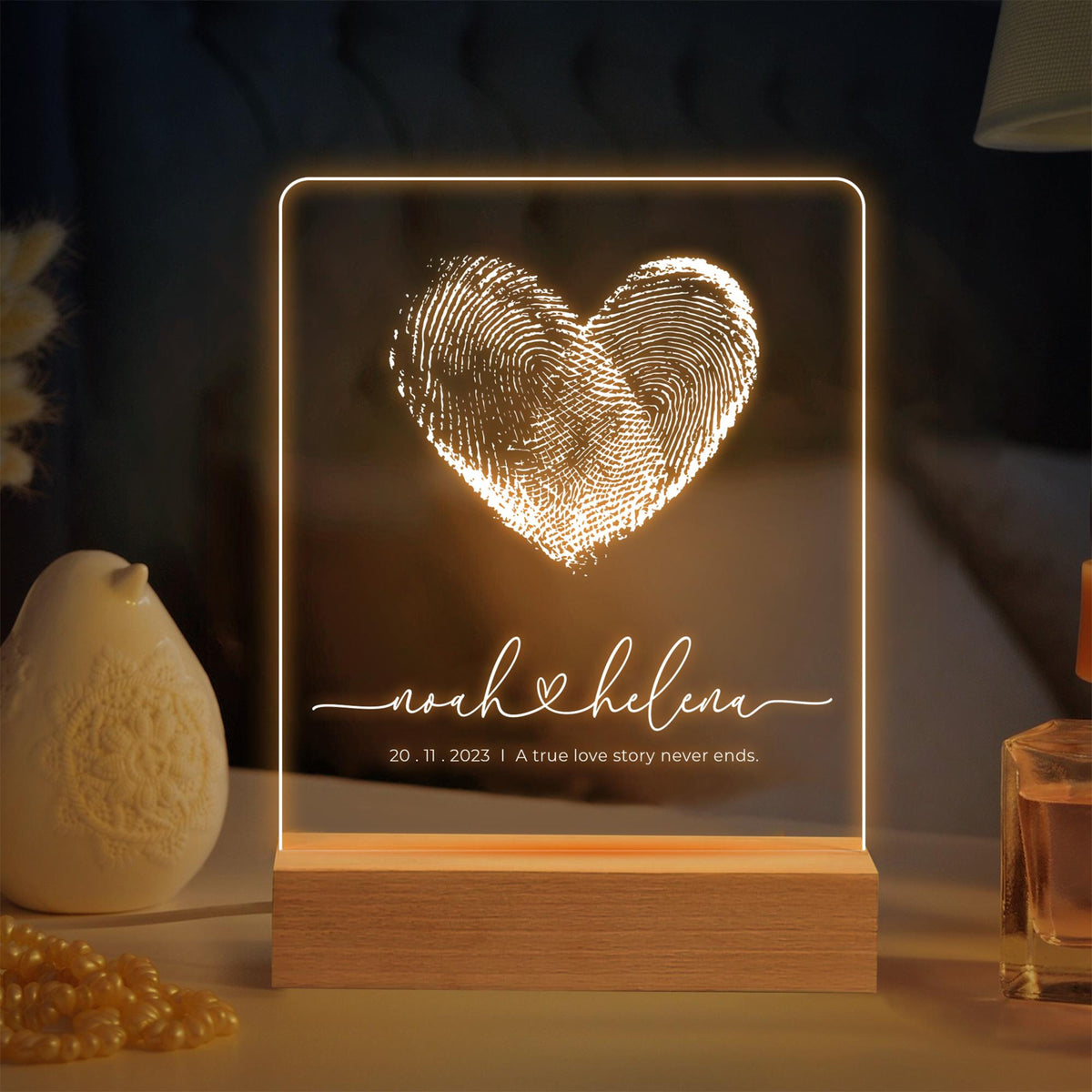 Custom Fingerprint Heart with Names, Personalized LED Light Wooden Base, Valentines Gift, Custom Lamp, Anniversary Gift