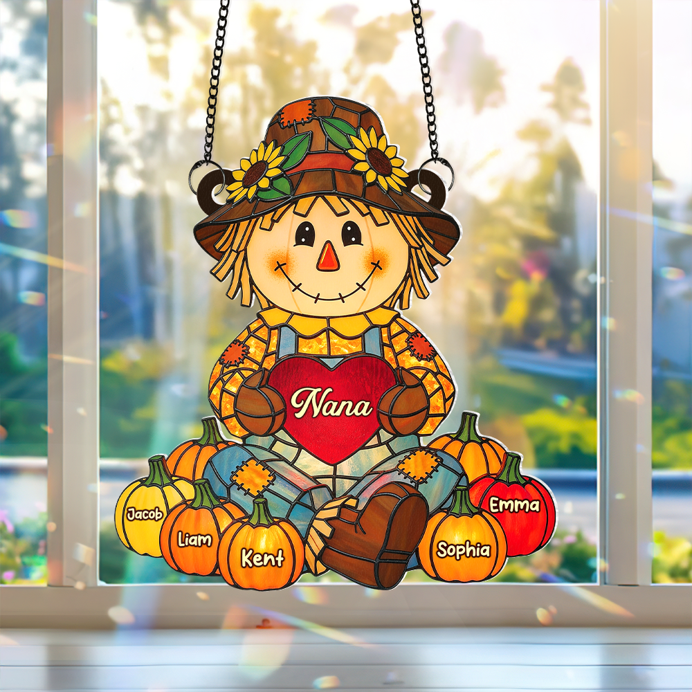 Fall Scarecrow Grandma with Pumpkins Grandkids Names - Personalized Suncatcher Ornament - Autumn Gift For Grandma & Family