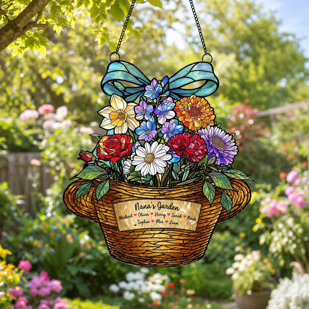 Grandma's Vintage Cowboy Hat Birth Flower Suncatcher, Grandma's Garden, Mom Gift, Birth Month Flower Stained Glass Acrylic Window Hanging, Mothers Day Gift