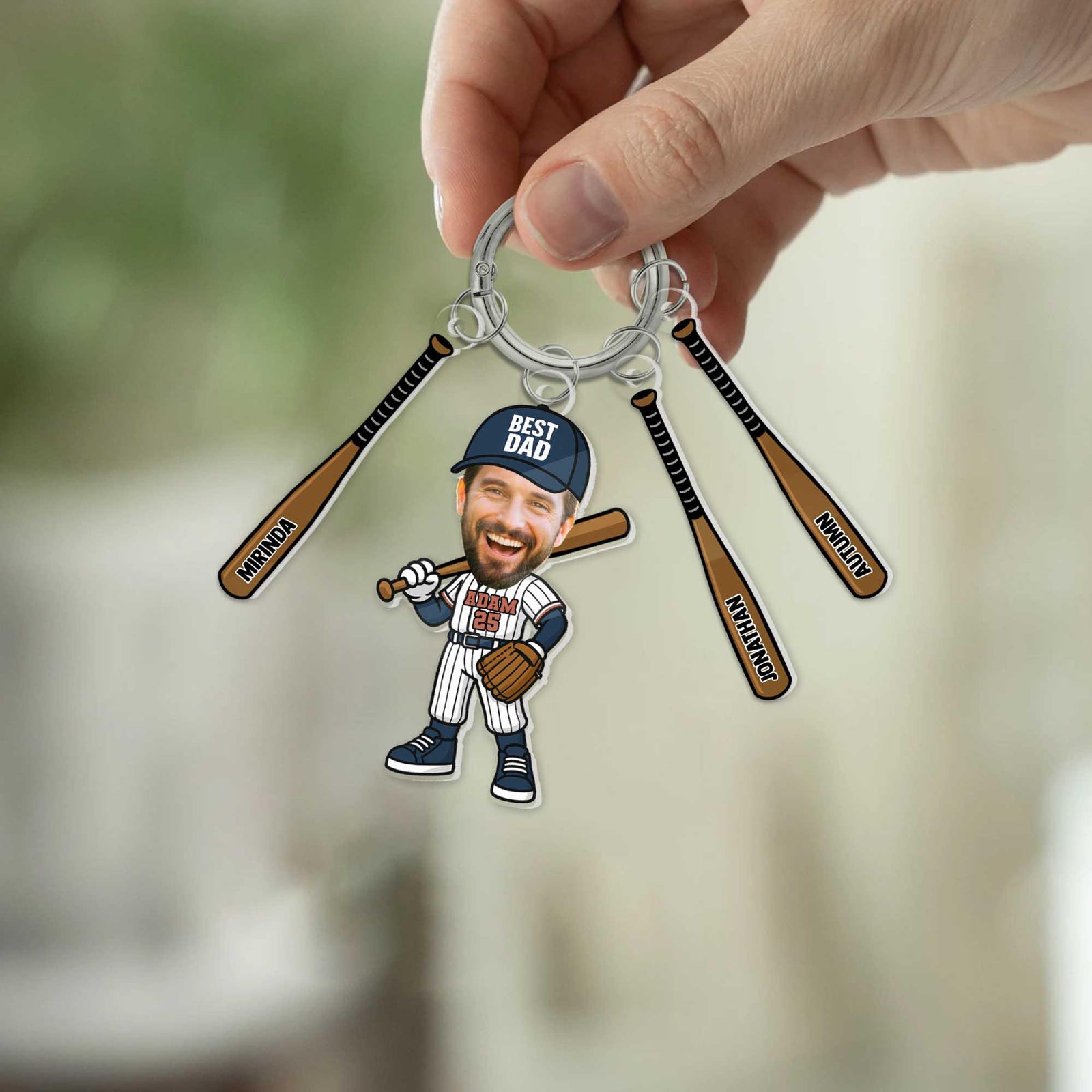 Custom Baseball Dad Photo Keychain, Personalized Photo Key Ring with Name Bats, Best Dad Gift from Kids, Father s Day Sports Gift