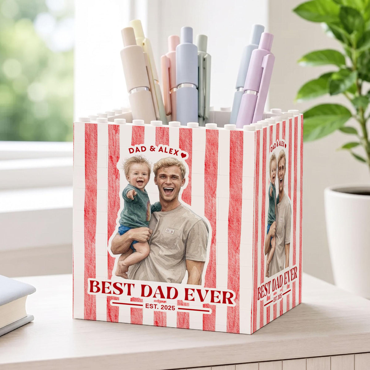 Personalized Best Dad Ever Photo Building Pen Holder, Custom Dad And Kids Photo Building Block, Father s Day Gift, New Dad Gift