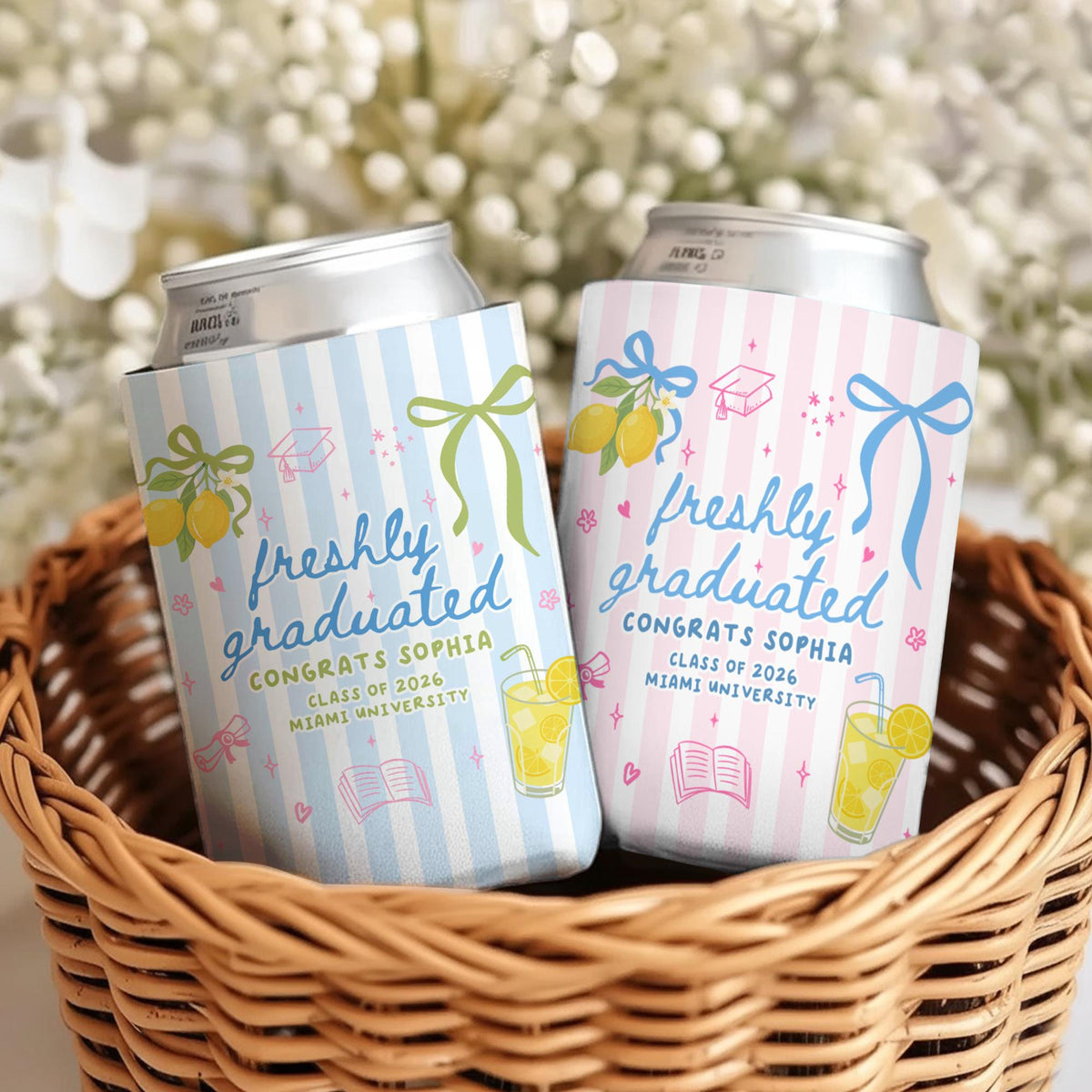 Personalized Summer Vibe Graduation Can Cooler, Striped Graduate Can Cooler, Congrats College Graduate Party Favors, Graduation Party Favors