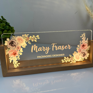 Personalized Desk Name Plate With Wooden Base, Lighted LED Light Nameplate, Desk Accessories, Office Gifts for Boss Coworkers, New Job Gifts