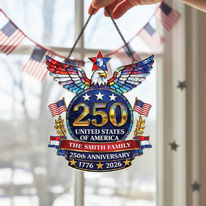 Personalized American Eagle Suncatcher, USA 250th Anniversary Decor, Custom Family Name Patriotic Art