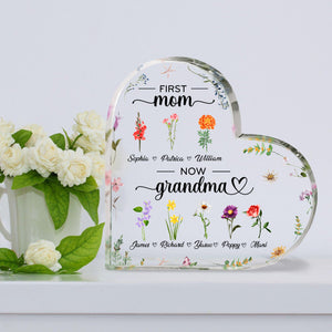 First Mom Now Grandma Birth Month Flower - Personalized Heart Shaped Acrylic Plaque - Gift For Grandma