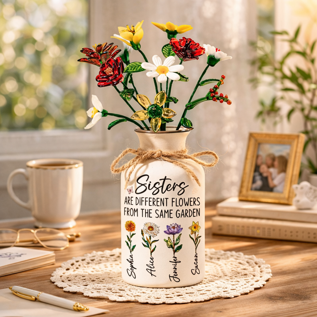 Sisters Are Different Flowers - Personalized Ceramic Vase With Glass Flowers - Gift For Sisters, Siblings, Besties