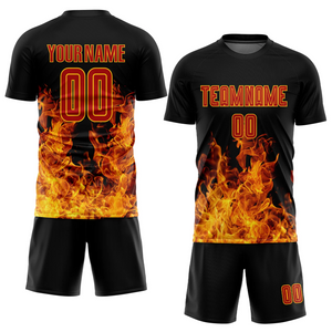 Custom Black Red-Gold Flame Sublimation Soccer Uniform Jersey