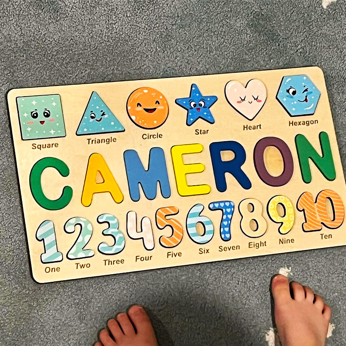Preschool Educational Name Puzzle Gift for Boys & Girls, Custom Name Puzzle with Numbers and Geometry Shapes, Free Back Engraving Baby Gift