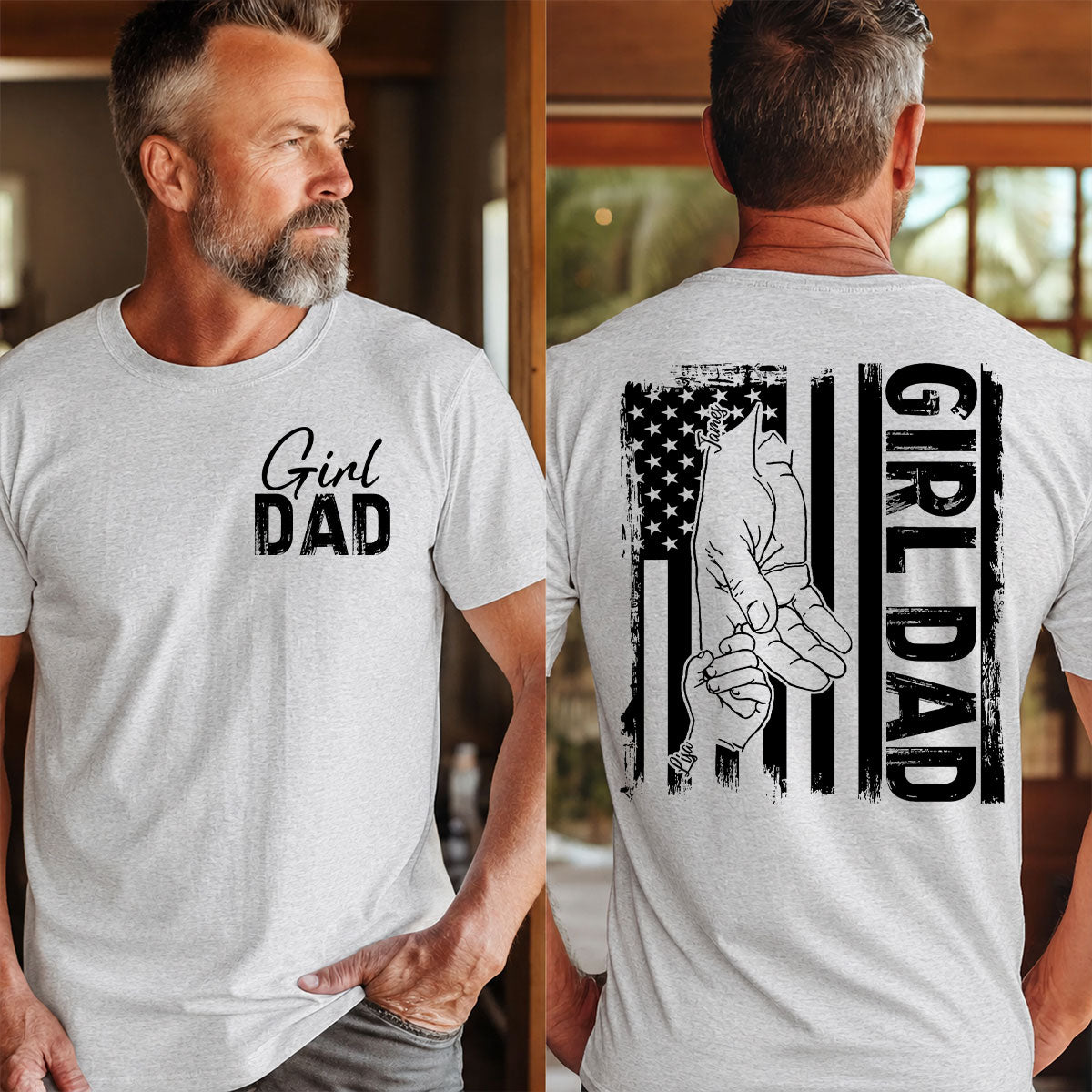 Girl Dad Shirt, Father Daughter Hold Hand Tee, Proud Dad Gift, Vintage American Flag T-Shirt