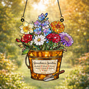 Grandma's Bucket Birth Flower Suncatcher, Grandma's Garden, Mom Gift, Birth Month Flower Stained Glass Acrylic Window Hanging, Mothers Day Gift