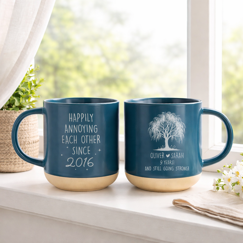 9th Anniversary Willow Pottery Mug, Anniversary Mug, Willow Tree 9 Year Anniversary Personalized Mug, 9th Anniversary Gift For Her