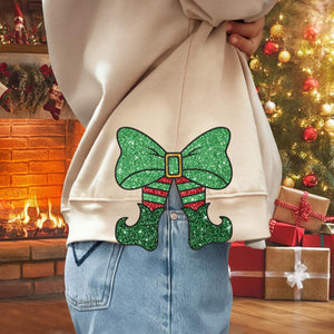 Glitter Grinch Bow Christmas, Side Bow Applique Embroidered Sweatshirt, Christmas Embroidery Sweatshirt