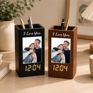 Personalized Photo Pen Holder Clock, Custom Wooden Desk Organizer with LED Digital Clock, Personalized Office Gift for Him Her, Custom Picture Holder